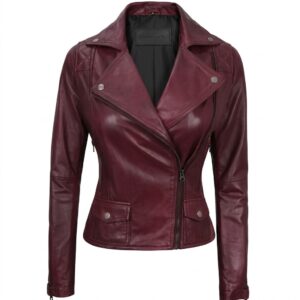 Women’s Burgundy Leather Biker Jacket